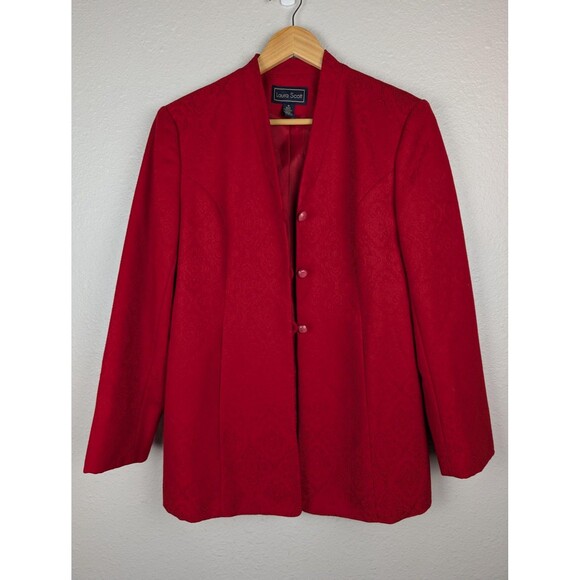 Laura Scott Blazer Womens 8 Red Jacquard Floral Long Sleeve Button Up Jacket - Picture 1 of 8